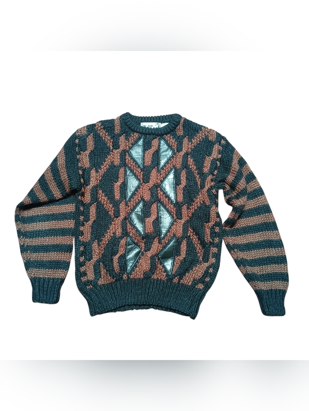 Vintage Retro Y2K Grandpa Sweater Knit Color Block Leather Chunky Fun Geo Style